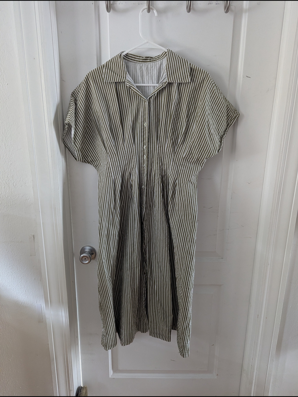 Source Unknown Olive and White Striped Button-Front Midi Dress